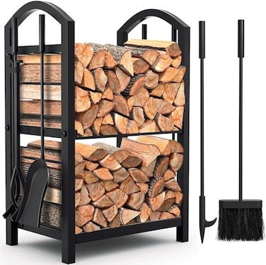 AMAGABELI GARDEN &amp; HOME Firewood Rack with Tools 5-Piece Indoor Fireplace Wood Holders Outdoor Log Holder Rack Lumber Storage Stacking Stove Wrought Iron Large Logs Fireplace Tools Set Black