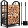 AMAGABELI GARDEN &amp; HOME Firewood Rack with Tools 5-Piece Indoor Fireplace Wood Holders Outdoor Log Holder Rack Lumber Storage Stacking Stove Wrought Iron Large Logs Fireplace Tools Set Black