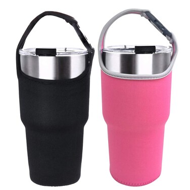 2 Pack Tumbler Carrier Holder Pouch for All 30oz Stainless Steel Travel Insulated Coffee Mug,DanziX Neoprene Sleeve with Carrying Handle,Fit for YETI Rambler Ozark Trail Rtic and More-Black,Rosy
