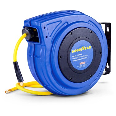 Goodyear Air Hose Reel Retractable 3/8" Inch x 65' Feet Premium Commercial Flex Hybrid Polymer Hose Max 300 Psi Heavy Duty Spring Driven Polypropylene Construction w/Lead-in Hose and PVC Handle