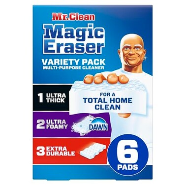 Mr. Clean Magic Eraser Sponge, All Purpose Cleaner, Cleaning Scrubber, Kitchen, Bathroom, Shower, Oven, Cleaning Supplies, Variety Pack with 1 Ultra Thick, 2 Ultra Foamy, &amp; 3 Extra Durable, 6ct