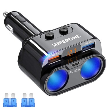 SUPERONE 200W 2-Socket Cigarette Lighter Splitter Power Adapter, USB C Car Charger with 20W Power Delivery 3.0 &amp; QC 3.0 for iPhone 16 Pro Max/15/14/13/12/11 Pro/X/8/7, Samsung, Google Pixel and More