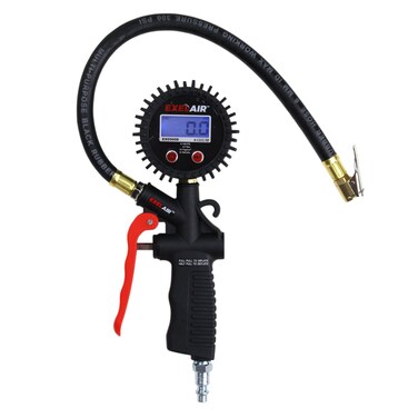 EXELAIR Digital Pistol Grip Tire Inflator Gauge EX0500D, Easy Clip Air Chuck, Easy to Read 0.1 Display, Pistol Grip Handle, 100 PSI Max Pressure, 16" Air Hose, 1/4" NPT (PSI, kPa, Bar, and kg/cm2)