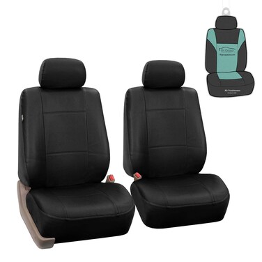 FH-PU002-1102 Classic Exquisite Leather Bucket Seat Covers, Airbag compatible, Solid Black color