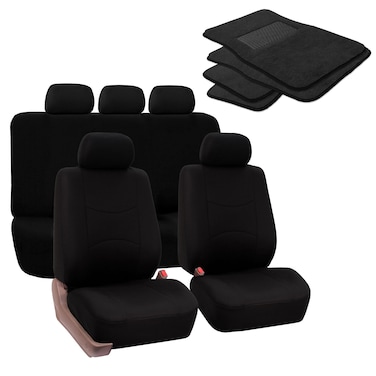 FH Group Flat Cloth Car Seat Covers and Carpet Floor Mats -Universal Fit for Cars Trucks and SUVs (Black) FB050115-F14403