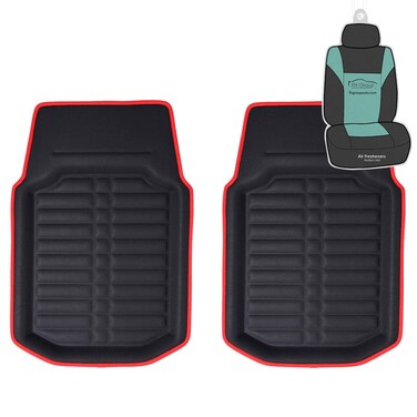 FH Group Automotive Floor Mats - Universal Fit Full Set PU Leather Floor Mats, Black Red Trim - Deep Dish Design Floor Mats for Most Sedan, SUV and Truck Floor Mats Combo Small Car Seat Cover Design