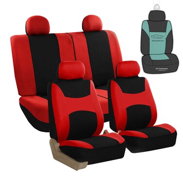 FH Group Stylish Cloth Full Set Car Seat Covers (Airbag &amp; Split Ready), Red/Black- Fit Most Car, Truck, SUV Van