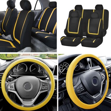 FH Group Unique Flat Cloth Full Set Car Seat Covers w. Silicone Steering Wheel Cover- Universal Fit for Most Cars, Trucks, SUVs or Vans (Yellow/Black)