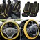 FH Group Unique Flat Cloth Full Set Car Seat Covers w. Silicone Steering Wheel Cover- Universal Fit for Most Cars, Trucks, SUVs or Vans (Yellow/Black)