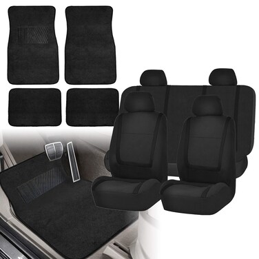 FH Group FH-FB032115 Unique Flat Cloth Seat Covers with F14407 Premium Carpet Floor Mats Solid Black- Fit Most Car, Truck, SUV, or Van