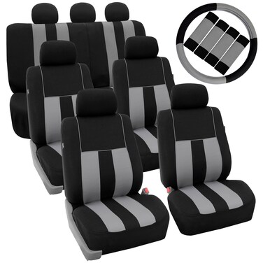 FH Group Three Row Combo Set Striking Striped 7 Seater Car Seat Covers with Steering Wheel Cover and Seat Belt Pads - Universal Fit for Most Cars, Trucks, SUVs or Vans Gray/Black