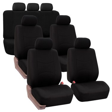 FH Group Flat Cloth Full Set Car Seat Covers Three Row 7 Seater - Universal Fit for Cars, Trucks &amp; SUVs (Solid Black)