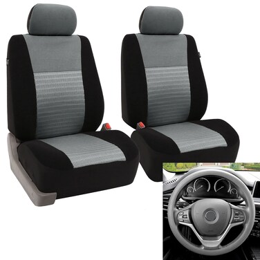 FH Group Trendy Elegance Car Seat Cover, s, Airbag &amp; Split Ready w. Silicone Steering Wheel Cover, Color - Fit Most Car, Truck, SUV, or Van Gray/Black