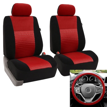 FH Group Trendy Elegance Car Seat Cover, s, Airbag &amp; Split Ready w. Silicone Steering Wheel Cover, Color - Fit Most Car, Truck, SUV, or Van Red/Black
