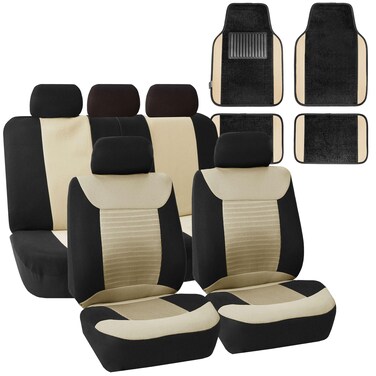 FH Group Premium Fabric Car Seat Covers, Airbag Compatible and Split Bench with Premium Carpet Floor Mats - Fit Most Car, Truck, SUV, or Van Beige/Black