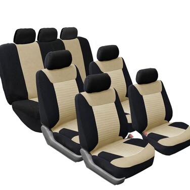 FH Group FH-FB062217 Three Row Premium Fabric Car Seat Covers, Airbag Compatible and Split Bench, Beige/Black