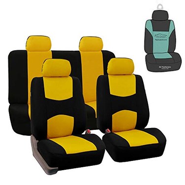 FH Group Vibrant Full Set Flat Cloth Car Seat Covers w. Gift, Yellow/Black- Fit Most Car, Truck, SUV, or Van