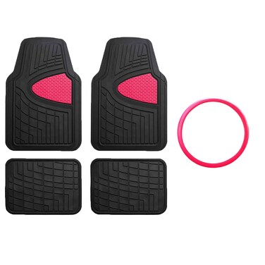 FH GROUP Car Seat Covers Premium Tall Channel Rubber Trimmable Floor Mats w. FH3001 Snake Pattern Silicone Steering Wheel Cover- Universal Fit for Trucks, SUVs, and Vans (Pink/Black) F11311