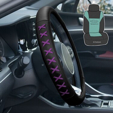 FH Group Universal 15 Inch Genuine Leather Steering Wheel Cover with Lace-Up Detailing -Universal Fit for Cars Trucks and SUVs (Purple/Black) FH2022