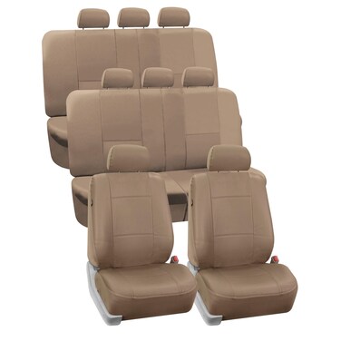FH Group Car Seat Covers PU Leather 3 Row 8 Seater Car Seat Covers, Airbag Compatible and Split Bench - Fit Most Car, Truck, SUV, &amp; Van (Solid Tan)
