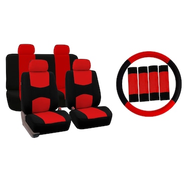 FH Group Car Seat Covers Flat Cloth Automotive Red Full Set, Rear Solid Bench Universal Fit Combo Steering Wheel Cover &amp; Seat Belt Pads Car Seat Protector for Cars Trucks SUV Interior Accessories