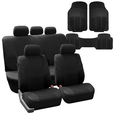 FH Group FH-FB072115 Full Set Road Master Car Seat Covers Solid Black, Airbag Compatible and Split Bench with F11306 Vinyl Floor Mats - Fit Most Car, Truck, SUV, or Van
