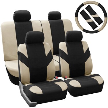FH Group FH-FB072114-STEER Flat Cloth Auto Seat Covers+Steering Wheel Cover &amp; Seatbelt Pads Beige