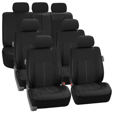 FH Group Perforated Leatherette Three Row Set 7 Seater Car Seat Covers, Airbag Compatible and Split Ready- Universal Fit for Cars, Trucks &amp; SUVs (Black)