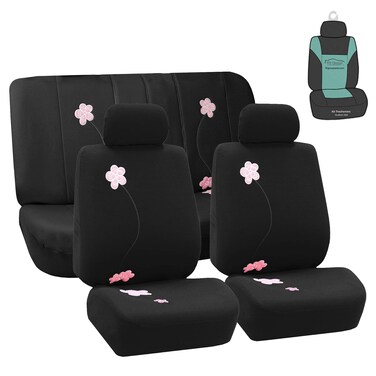 FH Group Floral Embroidery Design Car Seat Covers, Airbag Ready and Split Bench (Black Color) FB0531112