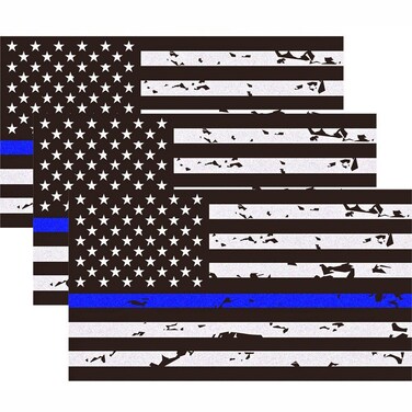 3 Pack Reflective New Tattered Thin Blue Line US Flag Decal Stickers   Compatible with Cars &amp; Trucks, 5" x 2.7" American USA Flag Decal Sticker Honoring Police Law Enforcement Vinyl Window Bumper Tape