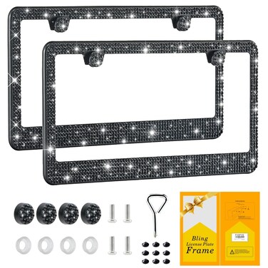 FIISFIIS Bling License Plate Frame for Women,2 Pack Premium Stainless Steel Rhinestone License Plate Holder,Handmade Glitter Crystal Diamond Girl Lincense Plate Tag Cover,Bedazzled Sparkly-Black