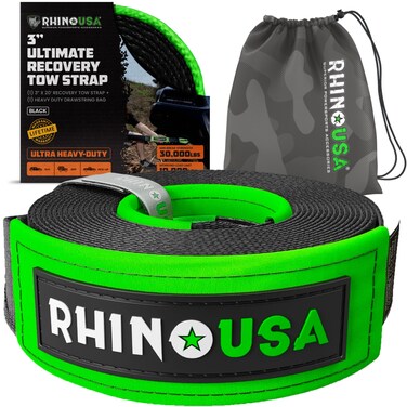 Rhino USA Recovery Tow Strap (3" x 20') - 31,518lb Break Strength - Emergency Recovery Strap Tow Rope for Truck, UTV, ATV &amp; More - Heavy Duty Towing Strap for Offroad 4x4 Use - Compatible with Jeep
