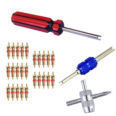 Febrytold 3 Pcs Tire Valve Core Remover Tools with 25 Pcs Brass Valve Stem Cores, 4-Way Valve Stem Core Tool, Dual &amp; Single Head Tire Valve Core Remover Installer Tools