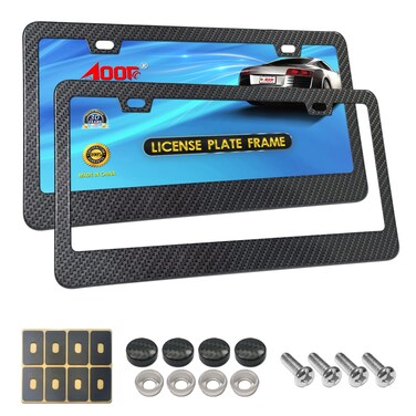 Aootf License Plate Frame Carbon Fiber- Black Aluminum Car Tag Holder Cover Printed Carbon Pattern with Screws Caps, Front &amp; Rear 2 Pack