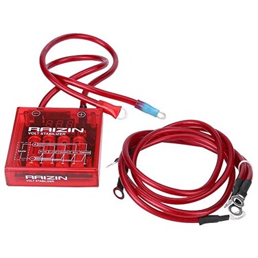 Qiilu Car Voltage Stabilizer, Universal Fuel Saver Voltage Stabilizer Regulator Kit with 3 Earth Ground Cables for Car Truck (Red)
