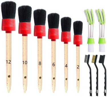 Nurkul 11Pcs Auto Detailing Set, Boar Hair Brushes, Steel Wire &amp; A/C Brushes, Red, Soft Bristles, Wood Handles for Cleaning Interior, Exterior, Leather, 6 Sizes