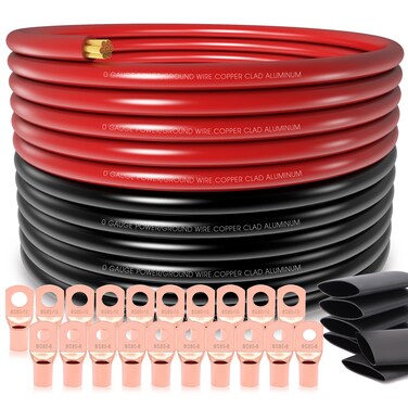 40FT 1/0 Gauge Wire Copper Clad Aluminum CAA,20pcs Lugs Terminal Connectors with 3:1Heat Shrink Tube for Power/Auto,Amplifier,Ground Cable Trailer Wiring