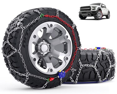 Snow-Chains Auto Fixing 1 Min Quick Installation Tire-Chains, Heavy-Duty Emergency Tire Traction Chain for Pickup Trucks and Off-road SUV Car Tires 255 265 275 285 - Set of 2
