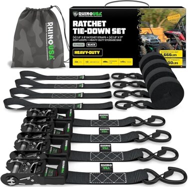 Rhino USA Ratchet Straps Heavy Duty Kit (4-Pack) - 1.6 Inch x 8 Feet (5,208lb Break Strength) - Ultimate Tie Down Straps with Safety S Hooks for Trucks, ATV, UTV, Motorcycle, Cargo &amp; More - Black