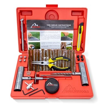 Boulder Tools Tire Repair Kit - Comprehensive Tire Repair Tools Set with Plugs, Valve Tool, and Heavy Duty Case - Flat Tire Repair Kit for Cars, Trucks, Motorcycles, ATVs for Quick Emergency Fixes