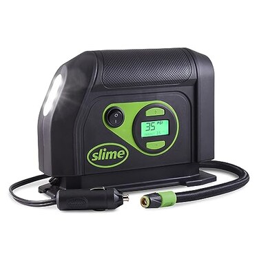 Slime 40051 Tire Inflator, Portable Car Air Compressor, Inflate Right automatic shut off, with Digital 99 psi Display, Long Hose and LED Light, 12V, 6 min inflation