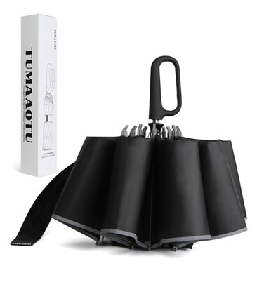 QWB TUMAAOTU Inverted Umbrella with Carabiner Handle, Wind Proof Umbrellas For Rain, 46 Inch Portable Reverse Folding Umbrella, Car Umbrella for Women Men, 10 Ribs (black)