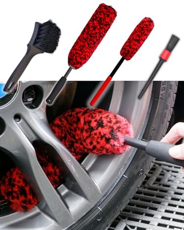 oesee Professional 4 Pack Long Handle Wheel Brush Kit for Cleaning Wheel and Tire- 2X Soft Wheel Cleaning Brush, Detailing Brush and Stiff Tire Brush, Bendable&amp; Durable Wheel Rim Cleaner Brush Set