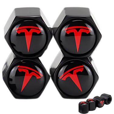 TACTILIAN Red Tire Valve Stem Caps for Tesla Model 3, S, X, Y   Leakproof Aluminum Tire Valve Caps with Rubber O-Rings Compatible with Tesla Car Accessories   Tire Valve Stem Covers Tire Caps 4 Pack