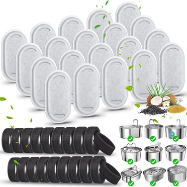 40 Pack Cat Water Fountain Filters-Cat Fountain Replacement Filters for Stainless Steel 108/3.2L&amp; 67oz/2L Adjustable Water Flow Pet Water Fountain(20 Pack Pet Water Filter Refills+20 Pack Sponges)