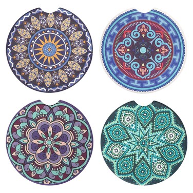 Vaincre 4 Pack 2.56" Car Coasters for Drinks Absorbent, Mandala Ceramic Cup Holder Coaster for Your Car with Fingertip Grip, Removable Cute Auto Accessories, Keep Vehicle Clean for Women &amp; Girls