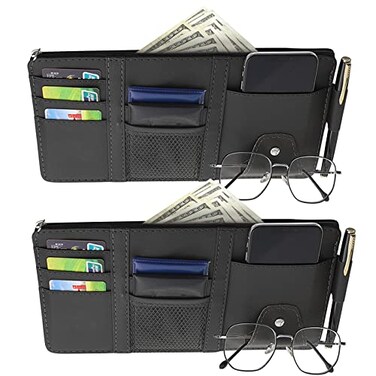 2 Packs Car Sun Visor Pocket Organizer for Car Truck, Car Visor Storage Pouch with Big Zipper Pocket, Card Sleeve Pocket Organizer, Drving License, Insurance, Sunglasses, Pen, Key, Phone, Lipstick