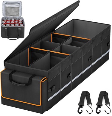 Car Trunk Organizer and Storage with Lid &amp; Removable Leakproof Cooler Bag, Car Accessories 6 Removable Dividers for Custom Space, Collapsible Large Trunk Organizers Interior for SUV Sendan with Cover