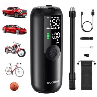 Tire Inflator Portable Air Compressor, Electric Bike Tire Pump with Gauge, Air Pump for Car Tires, 150PSI, Mobile Air Compressor for Car, Motorcycle, Electric Bike, by Woowind