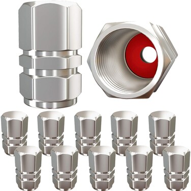 Tire Valve Caps (12 Pack) Heavy-Duty Stem Covers   Dust Proof, with O Rubber Seal   Hexagon Design   Outdoor, All-Weather, Leak-Proof Air Protection   Light-Weight Universal Aluminum Alloy (Silver)